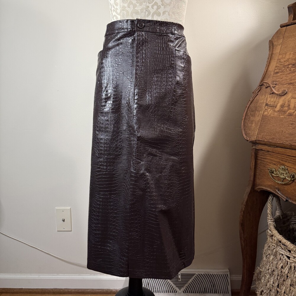 NWT INC Brown Faux Leather Midi Skirt Size 14 French Roast Brown High Waist Croc